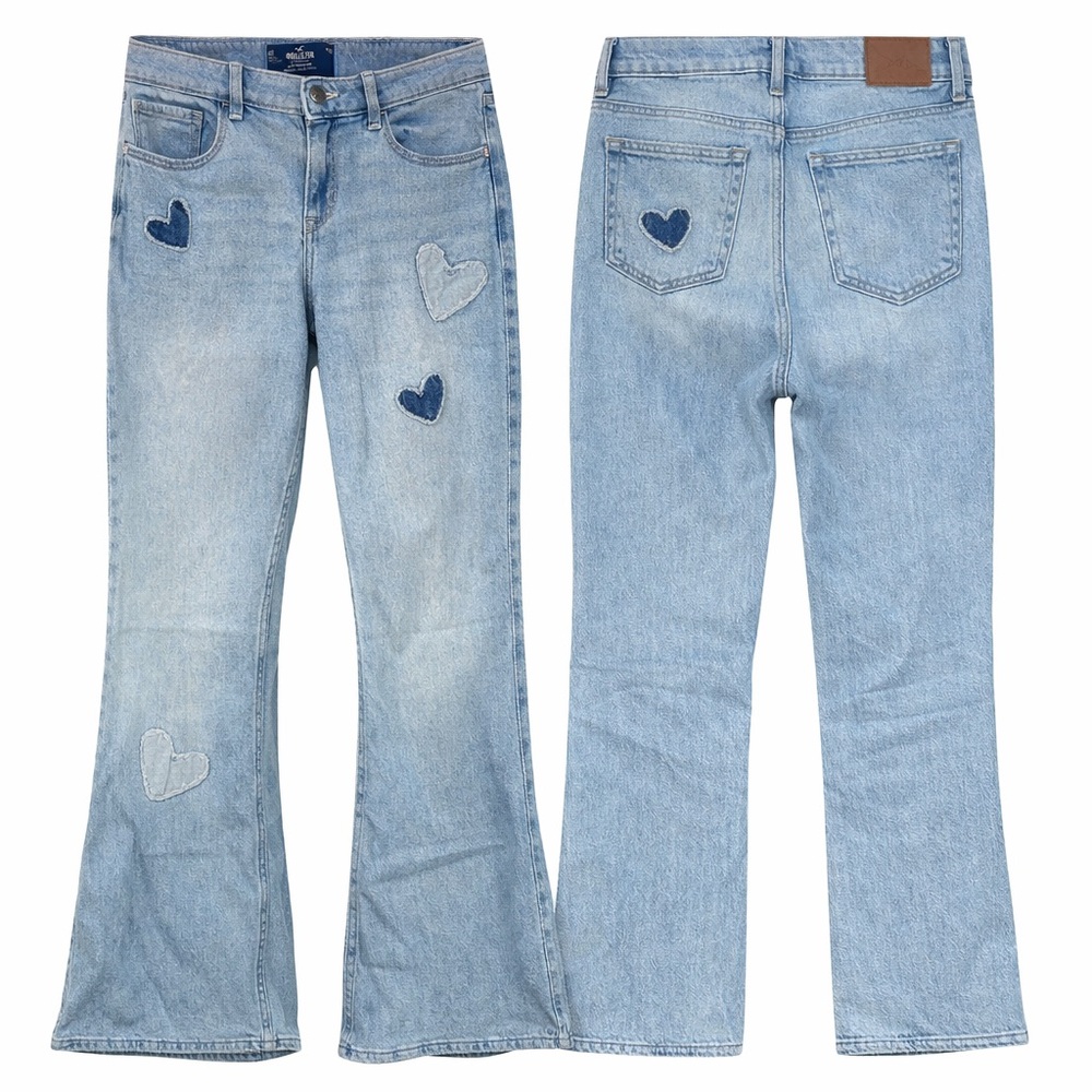 Hollister Low-Rise Flare Jeans Heart Patches Size W28R women's Y2K light wash
